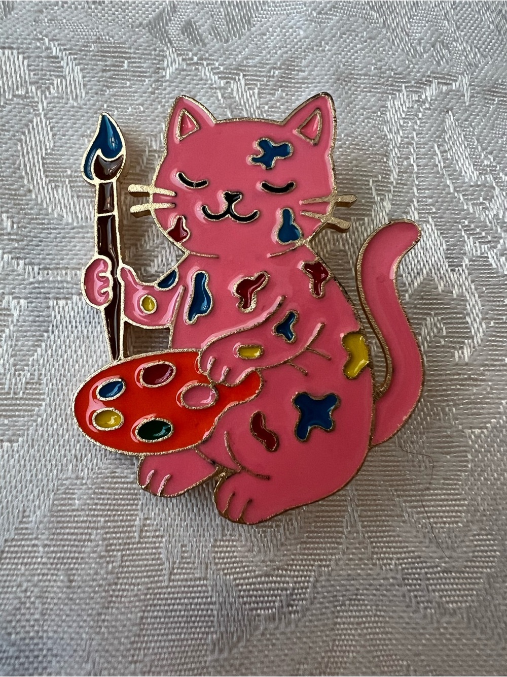Pink Artist Cat Enamel Brooch - Cute Painter Cat Pin